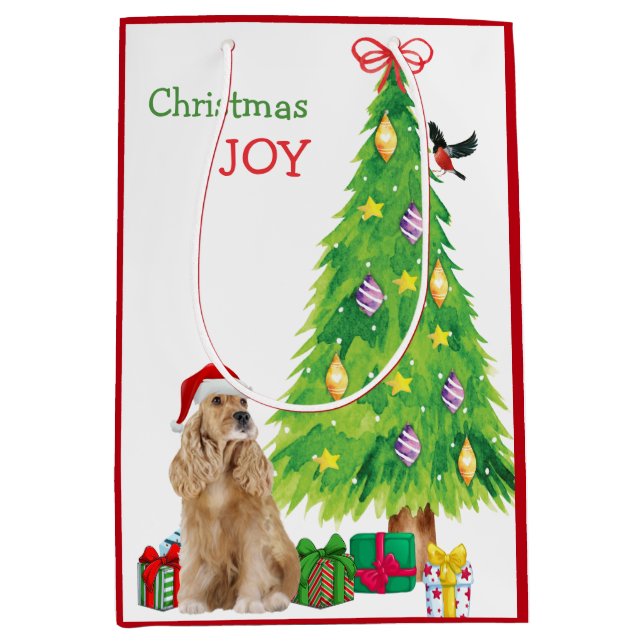 Buff Cocker Spaniel Santa Hat and Christmas Tree Medium Gift Bag (Front)