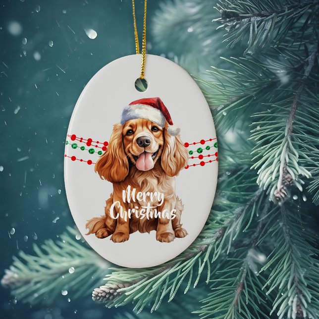 Buff Cocker Spaniel Santa Hat Holiday Beads Ceramic Ornament (Creator Uploaded)
