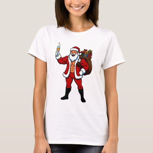 Buff Santa Cheers! Ripped Santa Claus with Champag T-Shirt (Front)