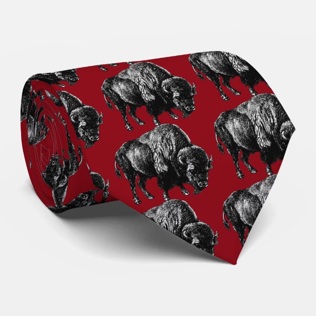 Buffalo American Bison Vintage Wood Engraving Tie (Rolled)
