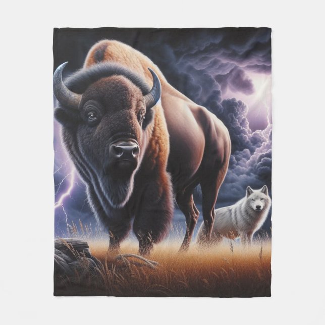 Buffalo and Wolf in a Thunderstorm with Lightning Fleece Blanket (Front)