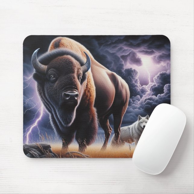 Buffalo and Wolf in a Thunderstorm with Lightning  Mouse Pad (With Mouse)