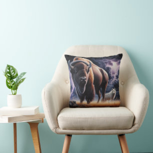 Buffalo and Wolf Thunderstorm Lightning Wildlife Cushion