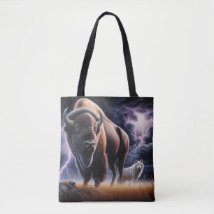 Buffalo and Wolf Thunderstorm Lightning Wildlife Tote Bag