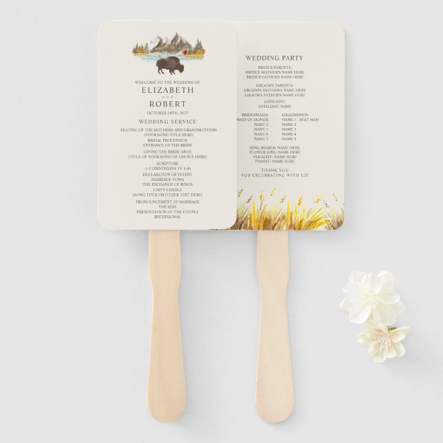 Buffalo Autumn Mountain Wedding Program Hand Fan (Front and Back)