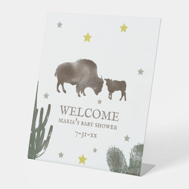 Buffalo Baby Shower Cactus Welcome Pedestal Sign (Front)