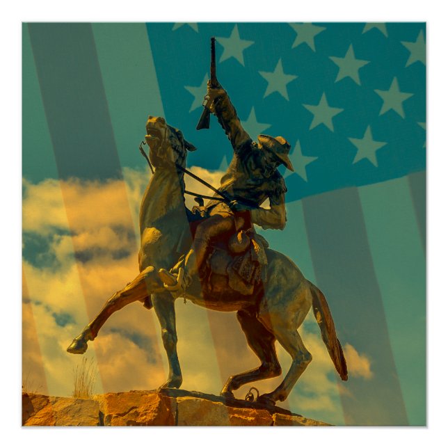 Buffalo Bill Cody statue Cody, Wyoming & USA flag Poster (Front)