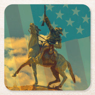 Buffalo Bill Cody statue Cody, Wyoming & USA flag Square Paper Coaster