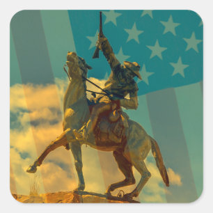 Buffalo Bill Cody statue Cody, Wyoming & USA flag Square Sticker