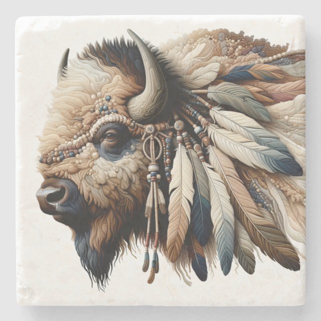 Buffalo Bison American Indian Art Stone Coaster (Front)