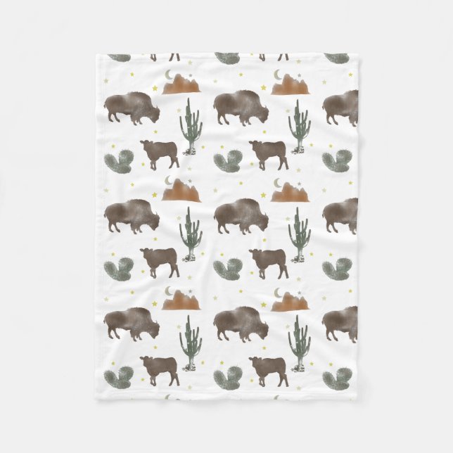 Buffalo Bison Baby Calf Desert Cactus Stars Fleece Blanket (Front)