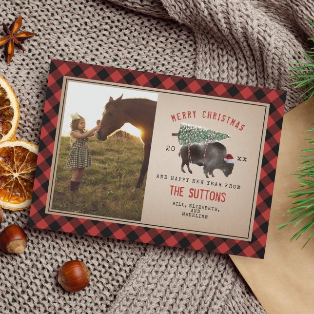 Buffalo Bison Burlap Rustic Christmas Tree Photo Holiday Card (Creator Uploaded)