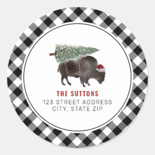 Buffalo Bison Christmas Tree Plaid Address Classic Round Sticker