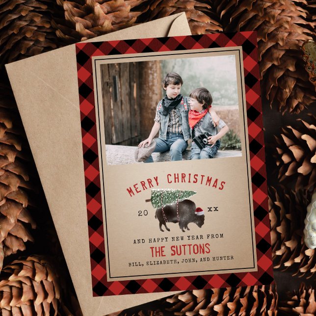 Buffalo Bison Christmas Tree Rustic Red Plaid Holiday Card (Creator Uploaded)
