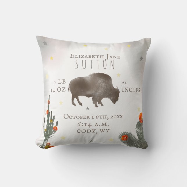 Buffalo Bison Desert Cacti Baby Birth Stats Floral Cushion (Front)