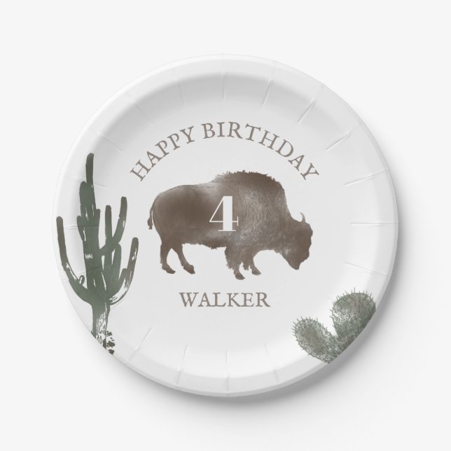 Buffalo Bison Desert Cactus Ranch Western Birthday Paper Plate (Front)