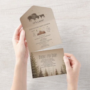 Buffalo Bison Evergreen Book Request Baby Shower All In One Invitation