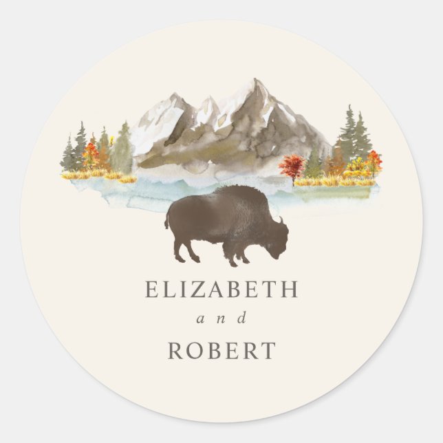 Buffalo Bison Fall Autumn Mountain Wedding Classic Round Sticker (Front)