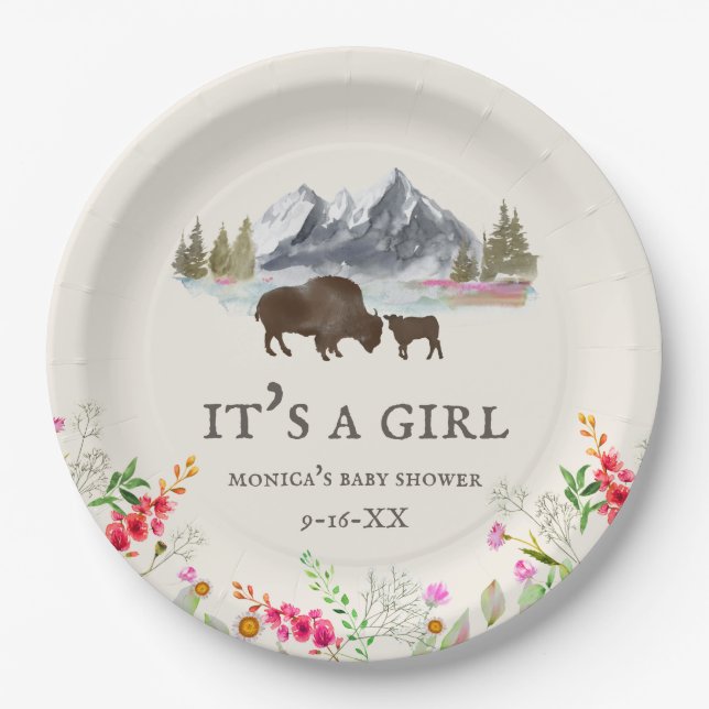Buffalo Bison Mountains Girl Baby Shower Paper Plate (Front)