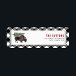 Buffalo Bison Santa Christmas Tree Plaid  Return Address Label<br><div class="desc">Illustration of a buffalo wearing a santa hat with a snow covered Christmas tree tied to its back.  Border is black and white buffalo plaid pattern.</div>