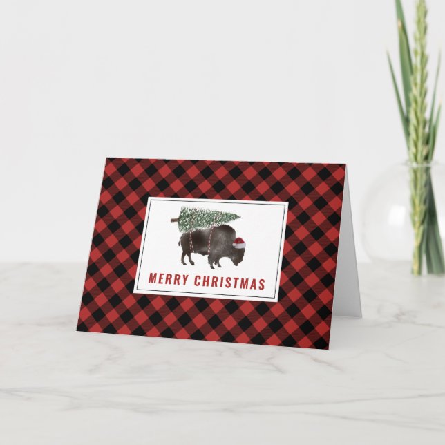 Buffalo Bison Santa Merry Christmas Tree Red Plaid Holiday Card (Front)