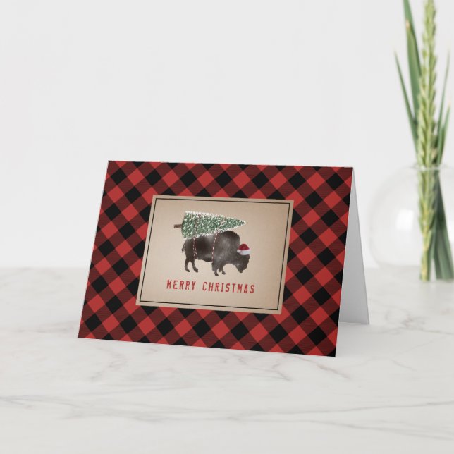Buffalo Bison Santa Merry Christmas Tree Rustic Holiday Card (Front)