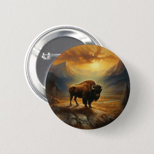 Buffalo Bison Sunset Silhouette  6 Cm Round Badge (Front & Back)