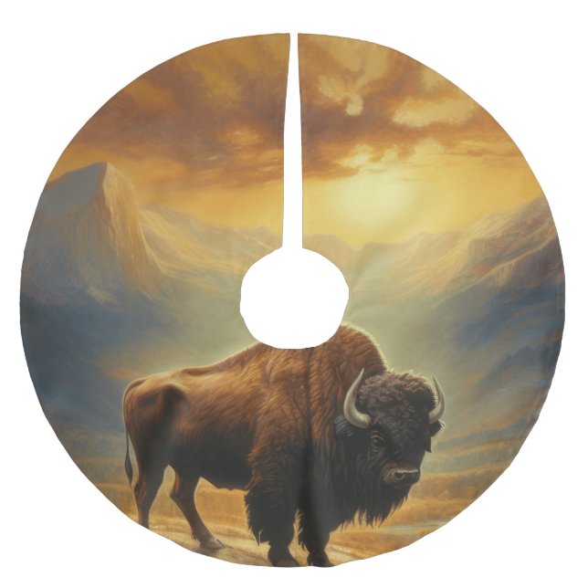Buffalo Bison Sunset Silhouette Brushed Polyester Tree Skirt (Front)