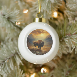 Buffalo Bison Sunset Silhouette  Ceramic Ball Christmas Ornament