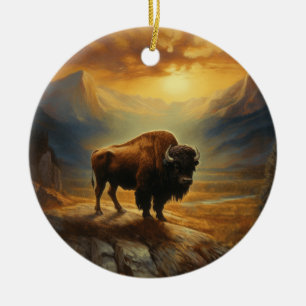 Buffalo Bison Sunset Silhouette  Ceramic Ornament
