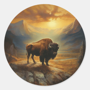 Buffalo Bison Sunset Silhouette Classic Round Sticker