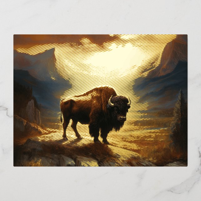 Buffalo Bison Sunset Silhouette  Foil Holiday Postcard (Front)