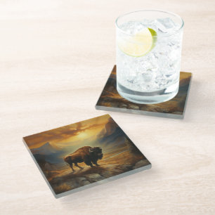 Buffalo Bison Sunset Silhouette Glass Coaster