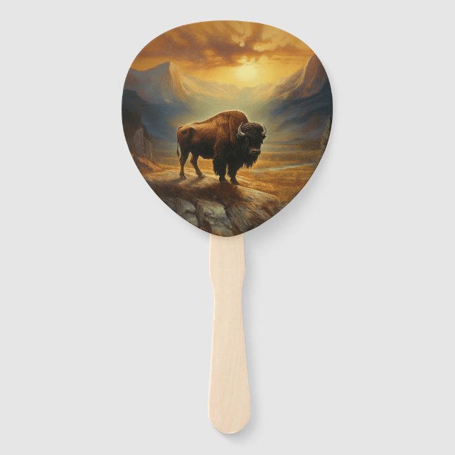 Buffalo Bison Sunset Silhouette Hand Fan (Front)