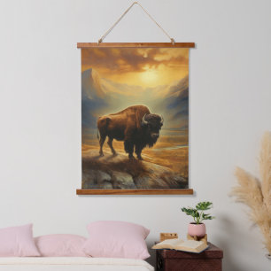 Buffalo Bison Sunset Silhouette Hanging Tapestry