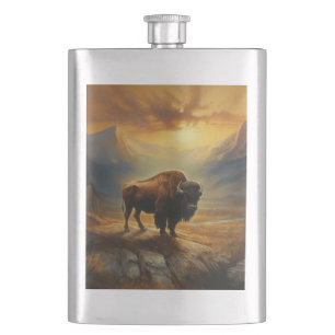 Buffalo Bison Sunset Silhouette Hip Flask