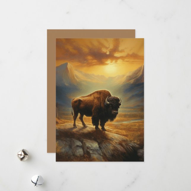 Buffalo Bison Sunset Silhouette Holiday Card (Front/Back In Situ)