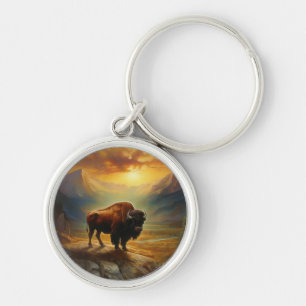 Buffalo Bison Sunset Silhouette Key Ring