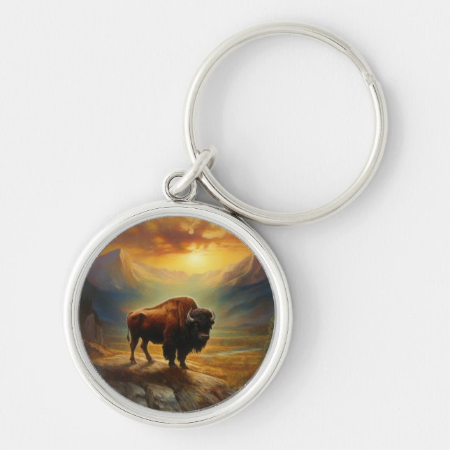 Buffalo Bison Sunset Silhouette Key Ring (Front)