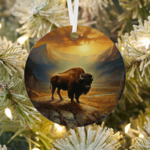 Buffalo Bison Sunset Silhouette  Metal Tree Decoration