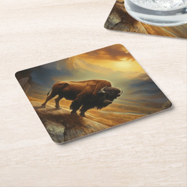 Buffalo Bison Sunset Silhouette  Paper Coaster (Angled)