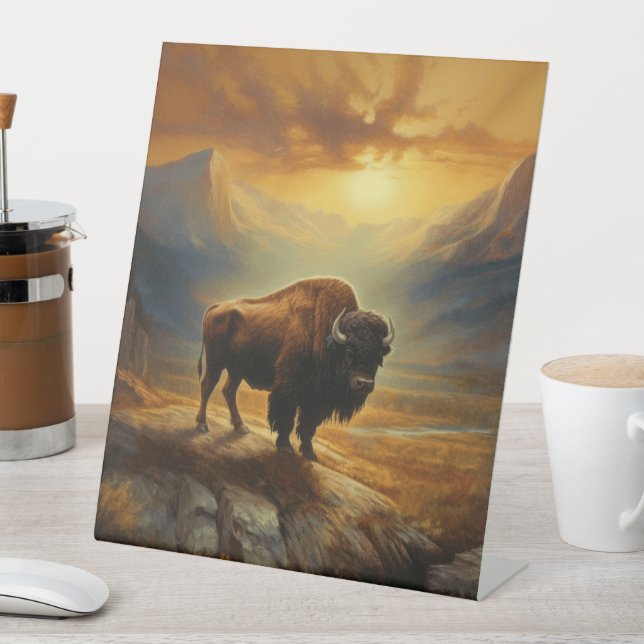 Buffalo Bison Sunset Silhouette  Pedestal Sign (In SItu)