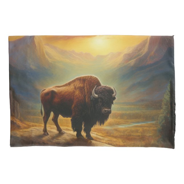 Buffalo Bison Sunset Silhouette Pillowcase (Front)