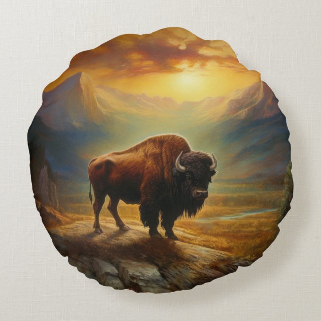 Buffalo Bison Sunset Silhouette Round Cushion (Back)