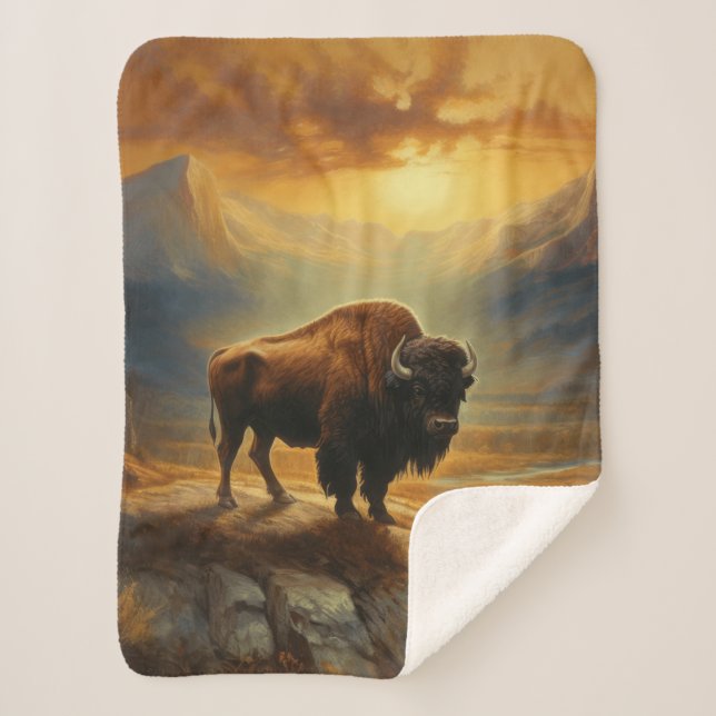 Buffalo Bison Sunset Silhouette Sherpa Blanket (Front)