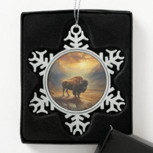 Buffalo Bison Sunset Silhouette  Snowflake Pewter Christmas Ornament