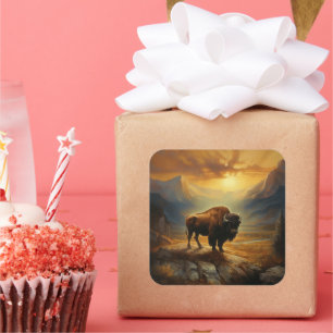 Buffalo Bison Sunset Silhouette Square Sticker