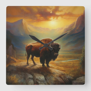 Buffalo Bison Sunset Silhouette Square Wall Clock