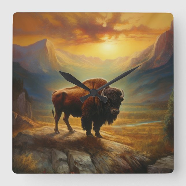 Buffalo Bison Sunset Silhouette Square Wall Clock (Front)