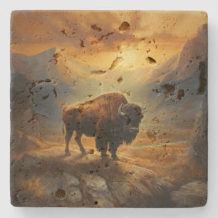 Buffalo Bison Sunset Silhouette Stone Coaster